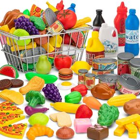 55 Pcs Grocery Store Pretend Play Food Set with Shopping Basket for Kids Toddlers 1-3 4-8, Kids Play Kitchen Accessories Plastic Fake Food Fruits and Vegetables Can Toy Gifts for Boys Girls