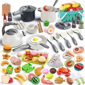 130Pcs Kitchen Playset, Toddler Pretend Cooking Play Pots, Pans, Utensils Cookware, Daily Food Fruit Veges, Shopping Storage Basket, Dessert, Prop Money, Learning Gift for Child (Pink)