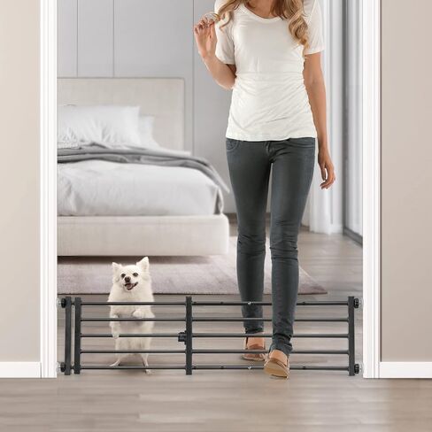 Malier Metal Dog Gate with Door, 26"-41" Width Expandable Dog Gate Short Pet Gate for Stairs and Doorways, Pressure Mount Step Over Indoor Dog Gates for Small Dogs Puppy (Black, 10''H × 26''- 41''W) in Saudi Arabia