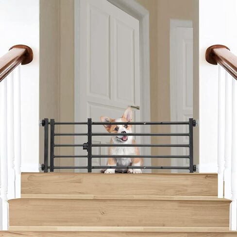 Malier Metal Dog Gate with Door, 26"-41" Width Expandable Dog Gate Short Pet Gate for Stairs and Doorways, Pressure Mount Step Over Indoor Dog Gates for Small Dogs Puppy (Black, 10''H × 26''- 41''W) in Saudi Arabia