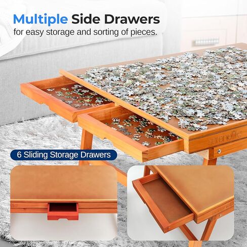 SereneLife Wooden Jigsaw Puzzle Table - Puzzle Organizer Game Table with 6 Removable Sliding Storage Drawers and Foldable Legs, Smooth Plateau Fiberboard Work Surface and Hardwood, 27 x 35 in in Saudi Arabia