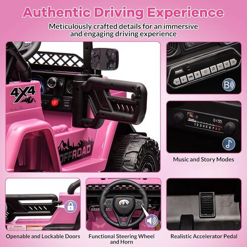 12V Kids Ride On Car for Kids Ages 37-96 Months, Electric Truck Ride On Toys with 5MPH Max Speed, Remote Control, Accelerator Pedal, Treaded Tires, Steering Wheel, Music and Story, Pink in Kuwait
