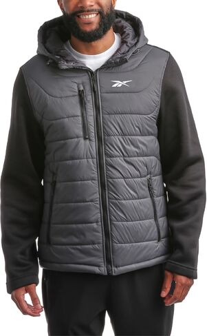 Reebok Men's Jacket - Quilted Puffer Bomber Jacket with Fleece and Tricot Sleeves - Hooded Outdoor Jackets for Men (L-XL) in Saudi Arabia