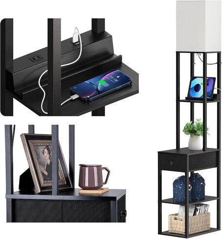 addlon Floor lamp with 2 USB, 1 Outlet and Drawer, 3 Color Temperatures LED Bulb (9W), Sofa lamp with White lampshade, Display Floor lamp with Shelves for Living Room, Bedroom and Office - Black in Saudi Arabia