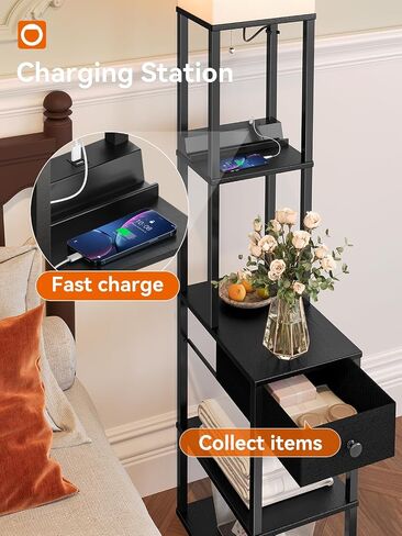 addlon Floor lamp with 2 USB, 1 Outlet and Drawer, 3 Color Temperatures LED Bulb (9W), Sofa lamp with White lampshade, Display Floor lamp with Shelves for Living Room, Bedroom and Office - Black in Saudi Arabia