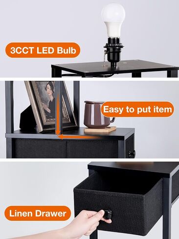 addlon Floor lamp with 2 USB, 1 Outlet and Drawer, 3 Color Temperatures LED Bulb (9W), Sofa lamp with White lampshade, Display Floor lamp with Shelves for Living Room, Bedroom and Office - Black in Saudi Arabia