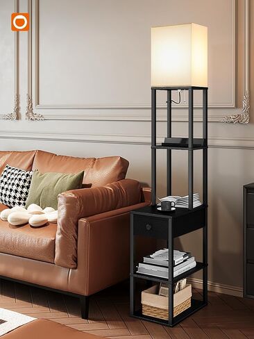 addlon Floor lamp with 2 USB, 1 Outlet and Drawer, 3 Color Temperatures LED Bulb (9W), Sofa lamp with White lampshade, Display Floor lamp with Shelves for Living Room, Bedroom and Office - Black in Saudi Arabia