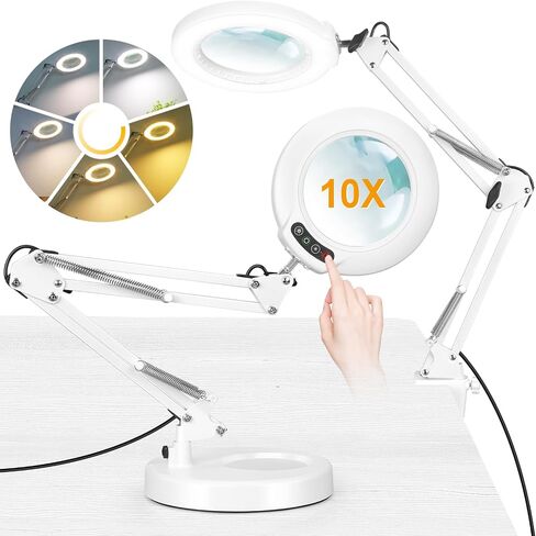 10X Magnifying Glass with Light and Stand, 2-in-1 Lighted Magnifier with Clamp, 5 Color Modes Dimmable LED Desk Lamp Hands Free for Painting Craft Jewelry Sewing Hobby Model Close Work in Kuwait