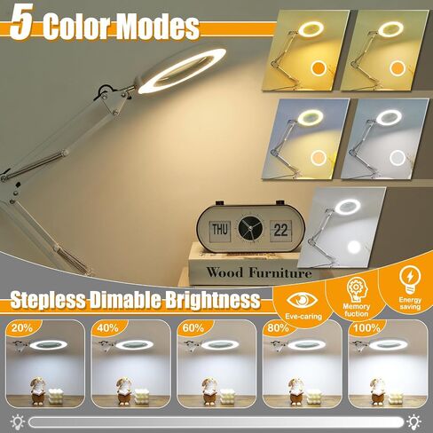 10X Magnifying Glass with Light and Stand, 2-in-1 Lighted Magnifier with Clamp, 5 Color Modes Dimmable LED Desk Lamp Hands Free for Painting Craft Jewelry Sewing Hobby Model Close Work in Kuwait