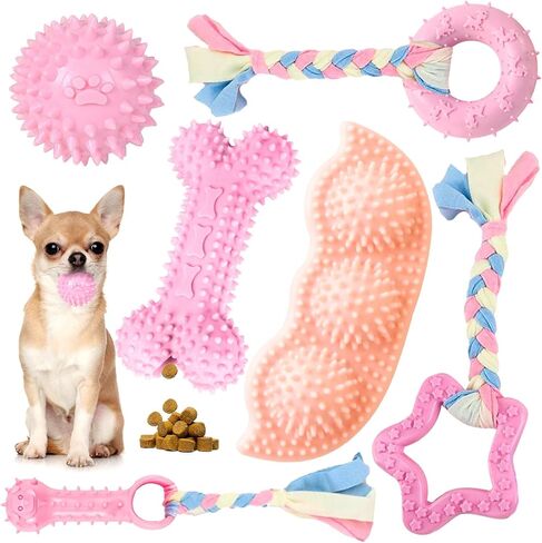 Petcare 6 Pack Puppy Chew Toys for Teething Cute Pink Puppy Toys Small Dog Toys Soft Rubber Rope Dog Toys Funny Bone Ball Cleaning Teeth Dog Chew Toys Puppy Teething Toys for Puppies Yorkie in Kuwait