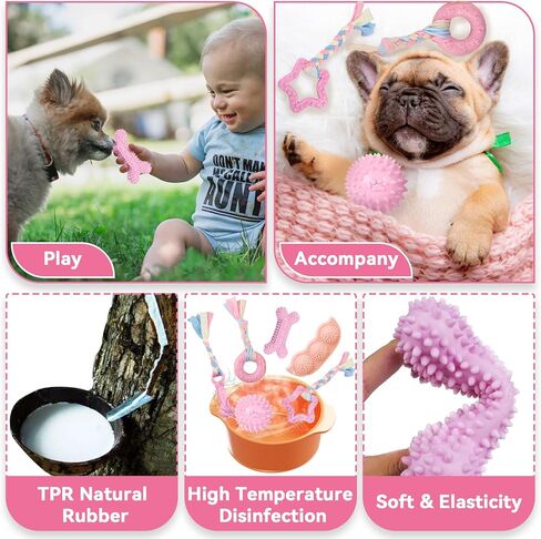 Petcare 6 Pack Puppy Chew Toys for Teething Cute Pink Puppy Toys Small Dog Toys Soft Rubber Rope Dog Toys Funny Bone Ball Cleaning Teeth Dog Chew Toys Puppy Teething Toys for Puppies Yorkie in Kuwait