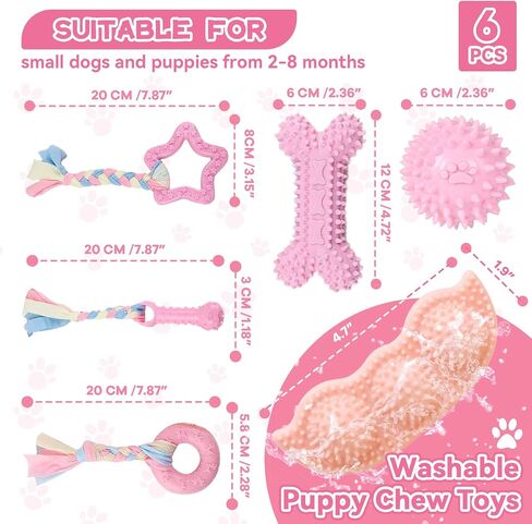 Petcare 6 Pack Puppy Chew Toys for Teething Cute Pink Puppy Toys Small Dog Toys Soft Rubber Rope Dog Toys Funny Bone Ball Cleaning Teeth Dog Chew Toys Puppy Teething Toys for Puppies Yorkie in Kuwait