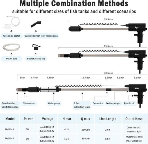 منظف ​​الحصى الكهربائي القابل لإعادة الشحن من AQQA، أدوات تنظيف خزان الأسماك لتدفق المياه قابلة للتعديل، منظف الحصى الكهربائي لحوض السمك، مضخة قوية، رمل الغسيل، مغير المياه، إزالة الأوساخ (S) in Kuwait
