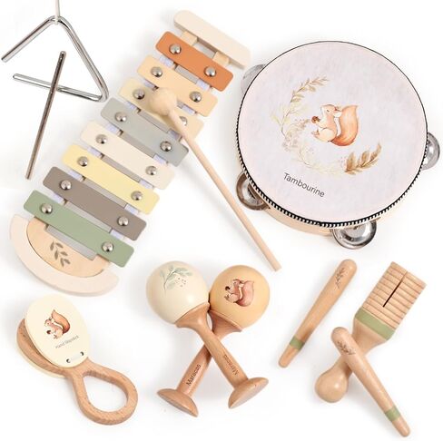Baby Musical Instruments Set Wooden Montessori Musical Toys for Toddlers Neutral Colors Percussion Instruments Set with Modern Boho Xylophone Tambourine Educational Musical Toys for Preschool Kids in Saudi Arabia