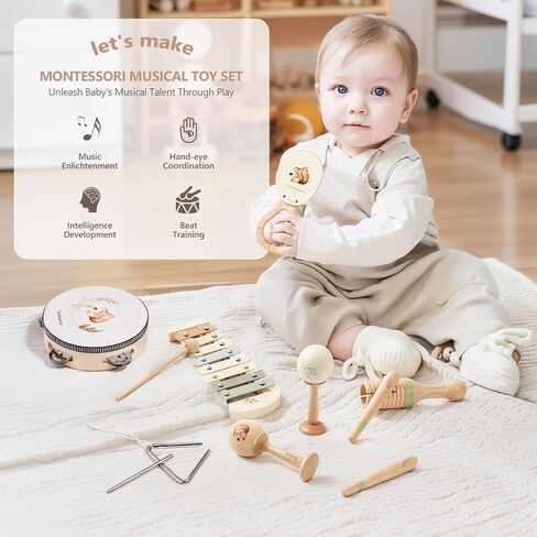 Baby Musical Instruments Set Wooden Montessori Musical Toys for Toddlers Neutral Colors Percussion Instruments Set with Modern Boho Xylophone Tambourine Educational Musical Toys for Preschool Kids in Saudi Arabia
