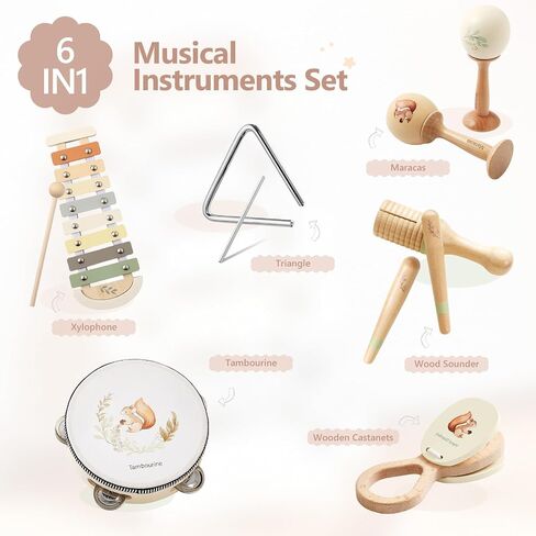 Baby Musical Instruments Set Wooden Montessori Musical Toys for Toddlers Neutral Colors Percussion Instruments Set with Modern Boho Xylophone Tambourine Educational Musical Toys for Preschool Kids in Saudi Arabia