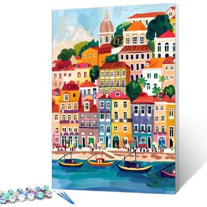 Graffitic Building Painting Paint by Number Kits 16 x 20 inch Mexican Village Canvas DIY Painting for Adults Beginner with Brushes and Acrylic Art Tropical Plants Paintwork Boho Gift(without Frame)
