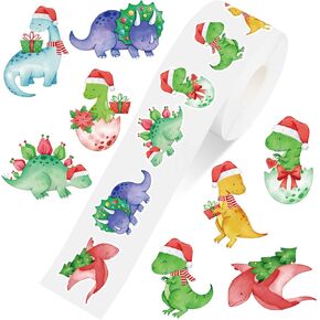 1000Pcs Christmas Paper Sticker Watercolor Dinosaur Decal Jurassic Animal Self-Adhesive Sticker Label for Xmas Winter Gift Card Party Supplies, 1.5 in
