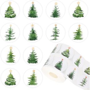 1000Pcs Christmas Tree Sticker Watercolor Plants Envelopes Seals Stickers Green Xmas Paper Decals 10 Designs Winter Self-Adhesive Stickers for Scrapbook Gift DIY Supplies, 1.5 in