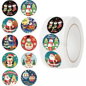 500 Pieces 1 Inch Christmas Stickers Roll for Envelope - 8 Designs Stamp Shape Round Christmas Sticker Self Adhesive Tag Seals Labels for Holiday Greeting, Sealing, Gifting, Gift Decorations