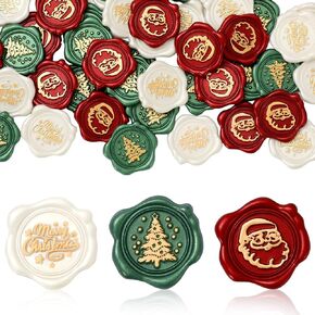 100Pcs Christmas Wax Seal Stickers Merry Xmas Tree Santa Envelope Seal Stickers White Green Red Gold 3D Self-Adhesive Embossed Decals for Greeting Invitation Card Gift