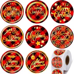 500 Pieces Christmas Envelope Stickers Christmas Stickers Envelope Seals Stickers Gold Foil Stamping on Red Buffalo Plaid Holiday Stickers Round Labels for Christmas Boxes Scrapbooking Decorations