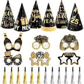 Openfly 24Pcs New Years Eve Party Supplies 2025 Happy New Years Party Hats New Year Glasses New Year Party Noise Makers