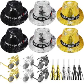 Cuffbow 18 Pieces 2025 New Years Eve Party Supplies Include 6 Happy New Year Hats with Sequin 6 Plastic Happy New Year Eyeglasses 6 Tassel Noise Makers New Years Party Favors for Adult