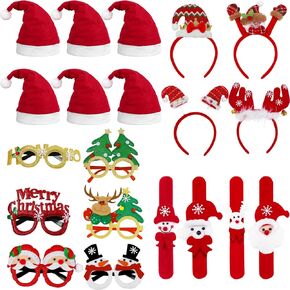 20PCS Christmas Headbands Santa Hat Christmas Slap Bracelets Party Glasses Frames Set for Christmas Xmas Party Decoration Supplies