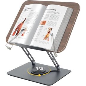 Computer Bracket Height&Angle Adjustable Book Holder 360° Rotating Base Foldable Cookbook Stand Recipe Book Holder with Elastic Page Clips