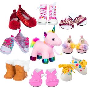 ZQDOLL 18 inch Doll Accessories Include 8 Pairs of Doll Shoes and Unicorn pet fit American 18 inch Dolls with Canvas Shoes, Boots, Sandals, Slippers