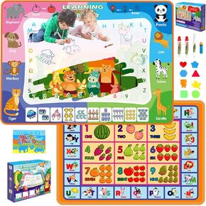 Aqua Water Doodle Mat, 3in1 Reusable Painting Drawing Writing Toys with Letter/Number/Animal/Fruit Patterns for Toddlers and Children (No Mess, Magic Colouring, Multi-Accessories)