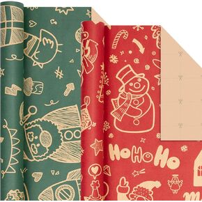Rancco Christmas Wrapping Paper Roll w/24 Pc Gift Tags, Red and Green Kraft Paper w/Santa Claus/Merry Christmas Lettering Design, Xmas Wrapping Paper for Holiday, New Year, 17 in x 10 ft per Roll in Kuwait