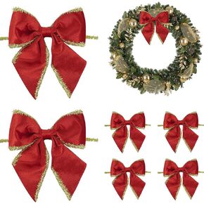 5" Red Bows Velvet Ribbon Bows with Gold Tinsel Edge, Christmas Bows, Ribbon Bows for Gift Wrapping, Pre-Tied Bows for Christmas Tree, Wreath, Present, Party Decor, Crafts-6 Counts