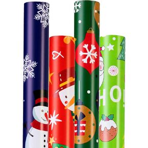 Cherubfunz Christmas Wrapping Paper for Gift (4 Rolls: 93 sq. ft. ttl) Funny Santa Claus Snowflakes Snowman Christmas Pine Trees- Christmas Elements Collection - 17 inches x 16.5 feet Per Roll
