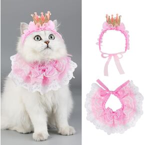 Legendog Cat Bandana for Cats, Princess Cat Costumes for Cats, Cute Lace Dog Bandanas and Cat Crown Accessories for Cats Small Dogs, Pink Outfit for Birthday Party (B-Pink)