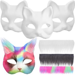 IMIKEYA Cat Mask with Fur Therian Masks White Cat Masks Blank Mask Diy Animal Mask Unpainted Halloween Mask Paper Mask