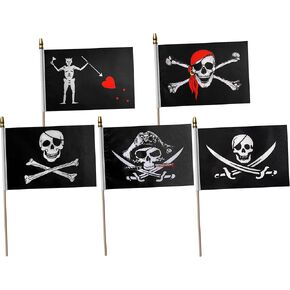 Pirate Skull Stick Flag Set Small Mini Jolly Roger Jack Rackham Edword Dead Man's Chest Hand Held Flags for Pirate Party,Halloween Day,5x8 Inch,20 Pack