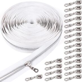 #5 White Zipper Tape by The Yard with Pulls-10 Yards Bulk Nylon Coil Zipper Replacement with 20 Pcs Silver Pulls Zippers-Zippers for Sewing Assorted Lengths Bags and Purses