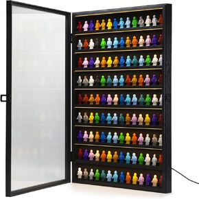 Minifigure Collectors Showcase with LED Light, Miniature Display Case, Building Block Wooden Display Box Wall Mount, Mini Figures Toy Lockable Shadow Box for Collecting Miniature Figurine