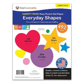 492 Pieces Multicolor Hearts, Stars, and Circles Punch Out Paper Cutouts in 6 Sizes, 2-Sided US Made Card Stock for Bulletin Boards, Classroom Decor, Posters, Valentine’s Day Crafts, and Party Designs