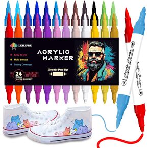 Fabric Acrylic Paint Markers for clothes, 24 Color Dual-tip Prenium Paint Markers, Acrylic Coloring Paint Pens for Shoes T-shirt Clothing and Canvas Tote Bags, Non Toxic Ink for Kids and Adults