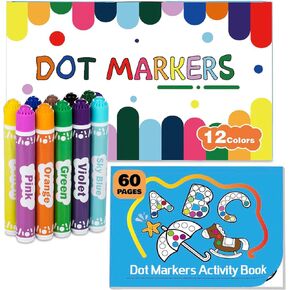 Dot Markers for Kids, 12-Color Bingo Daubers, Washable Bingo Markers for Kids Drawing Coloring, Arts and Crafts Supplies Dot Paint Marker Set with 60 Pages Kids Activity Book