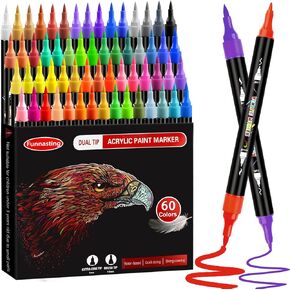 Funnasting Acrylic Paint Pens, 60 Colors Dual Tip Acrylic Paint Markers, Glass Pens with Brush Tip and Fine Tip, Rock Painting Pens for Wood, Canvas, Stone, Ceramic Surfaces, DIY Crafts Making