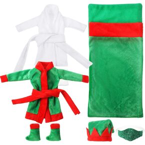 8 Pcs Christmas Elf Doll Clothes Sleeping Bag Accessories Including Christmas Doll Sleeping Bag, Bathrobe, Socks, Apron and Cap for Xmas Doll Clothes Kit(Green)