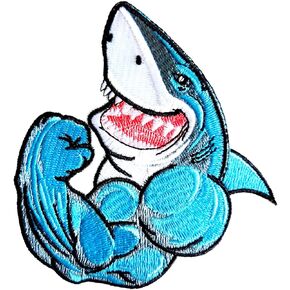 Fitness Shark Iron On Patch, Muscle Arm Shark Embroidered Iron On Sew On Patches for Clothes Jacket Bags Jeans Hat Backpacks
