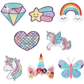8 Pcs Dreamy Unicorn Iron on Patches Cute Rainbow Star Heart Butterfly Diamond Sew on Embroidered Applique Repair Embroidery Patch DIY Craft Accessories for Kids Girls Clothing Backpack Hat