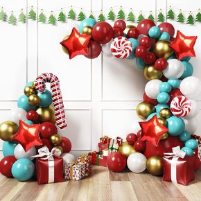HOUSE OF PARTY Christmas Balloons Arch Kit - 145 Pcs - Christmas Balloons for Decorations Red, Teal, White with Candy Cane | Mylar Balloons with Candy Cane for Christmas Decoration
