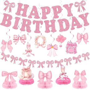 Pink Bow Party Decorations Bow Banners Hanging Swirls Cute Pink Bow Banners Ceiling Streamers for Women Girls Pink Bow Bachelorette Birthday