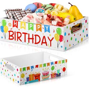 Birthday Party Baskets for Snacks, Wood Snack Basket with Birthday Dots Design, Happy Birthday Party Supplies, Snack Holder Reusable Snack Tray with Handles Snack Organizer for Countertop